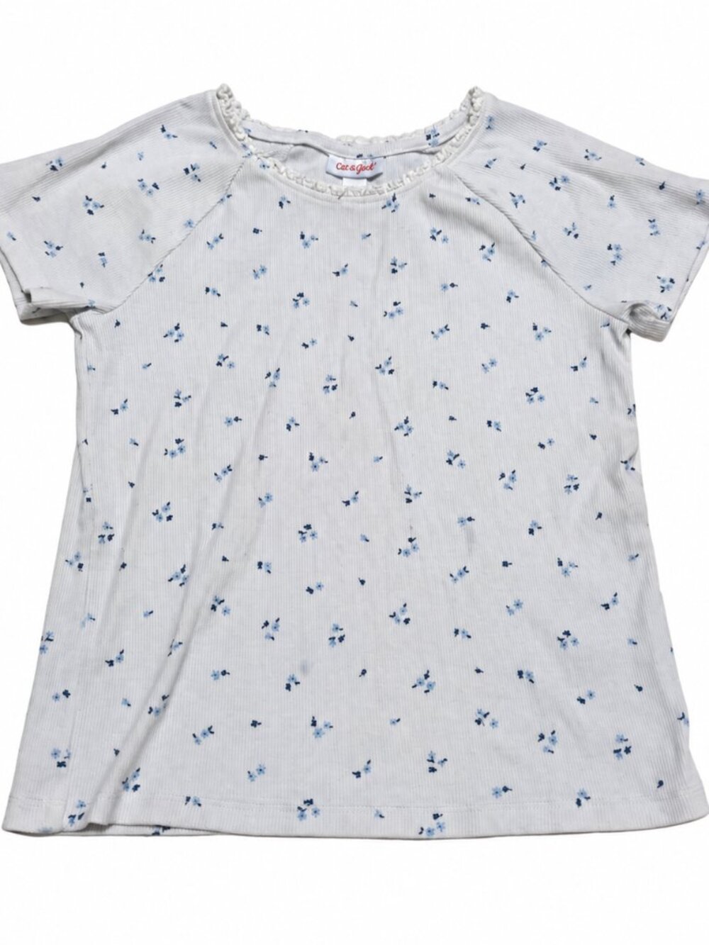 Cat & Jack Girls White Blue Ditsy Floral Ribbed Short Sleeve Top L 10/12